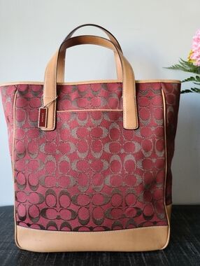 Coach Signature Red Jacquard & Tan Vachetta Leather Tote Bag #6093
